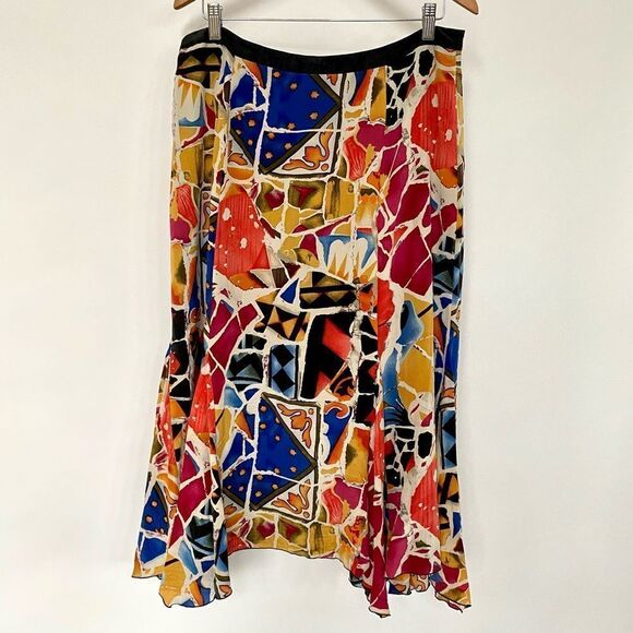Peter Nygard Women’s Silk Multicolor Geometric Boho Lined Skirt, Size 14 - Picture 3 of 8